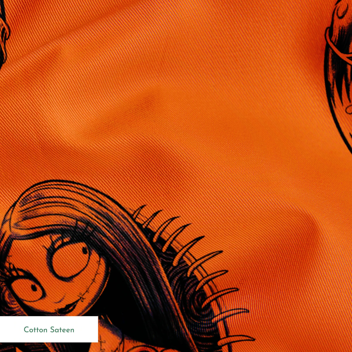 Halloween-themed pattern with spooky characters including Jack Skellington on bright orange background springs sateen texture