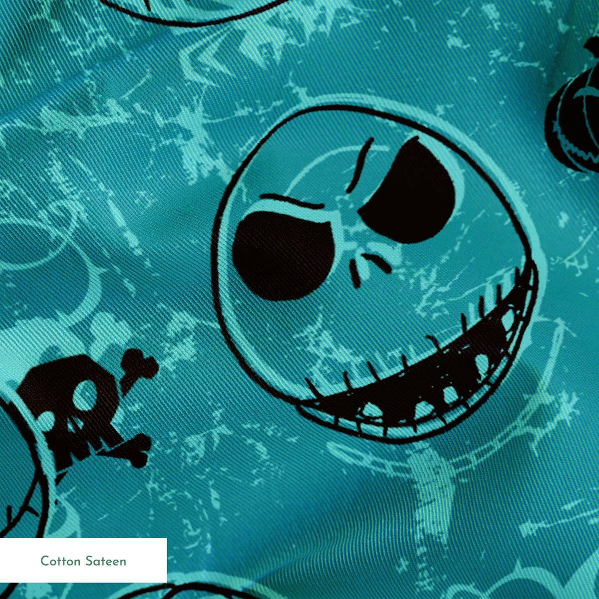 Teal pattern of cartoon skull faces with different expressions, Halloween elements like pumpkins and spiders springs sateen texture
