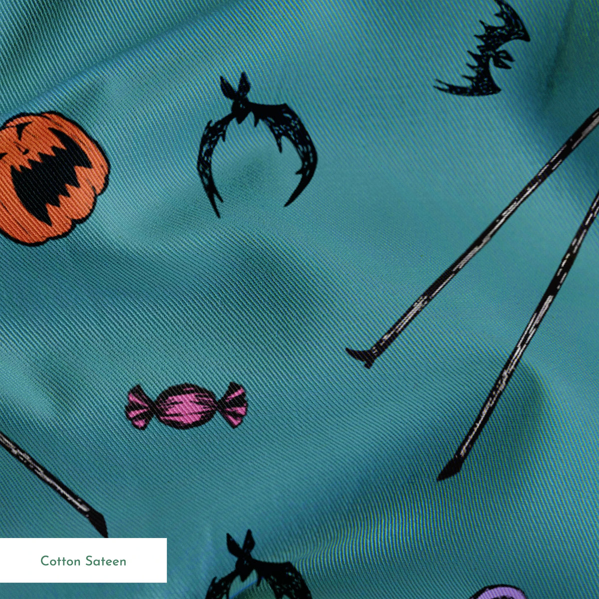 Halloween pattern with witch brooms, pumpkins, bats, candy, and creepy eyes on teal background springs sateen texture