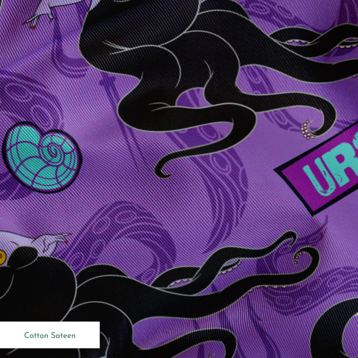 Purple background with Ursula silhouettes, tentacles, turquoise crowns, and name plates in repeating pattern springs sateen texture