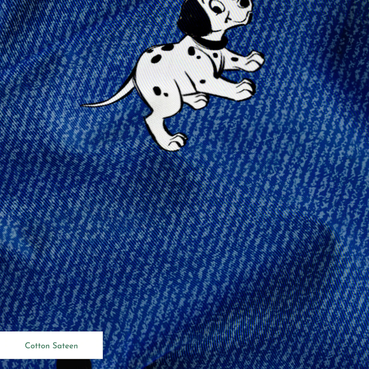 Blue background with small white cartoon-style space astronauts and black paw prints scattered across the pattern springs sateen texture