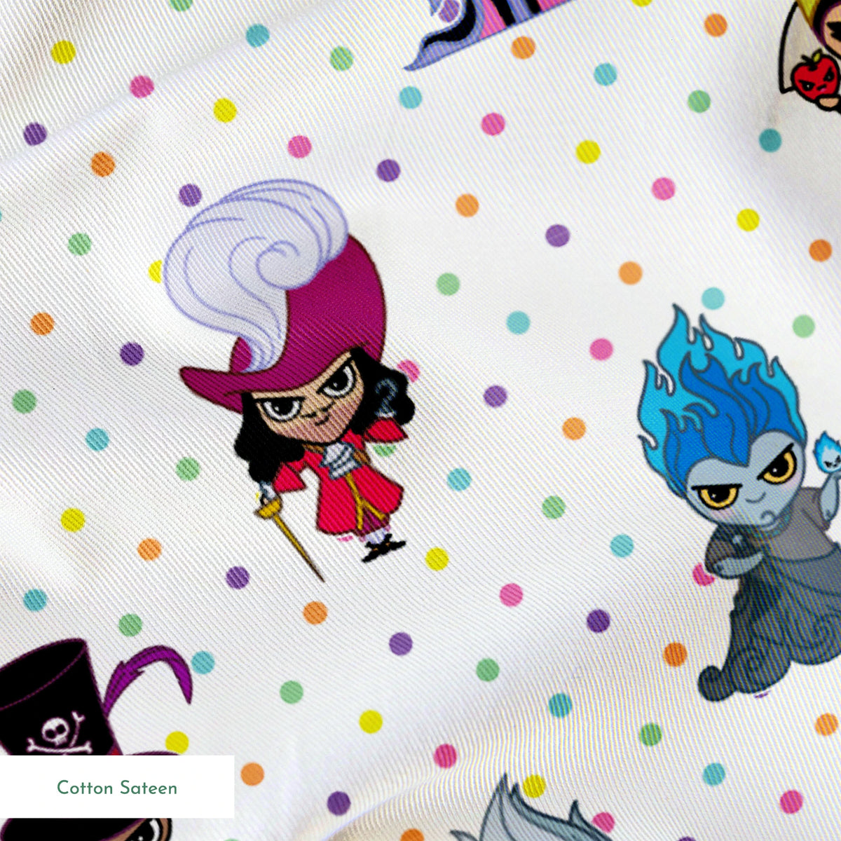 Cartoon Disney villain characters in chibi style scattered on polka dot background, including figures with crowns, capes, and distinctive colorful designs springs sateen texture