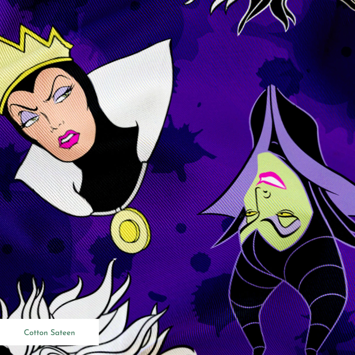 Disney villain pattern on purple background springs sateen texture