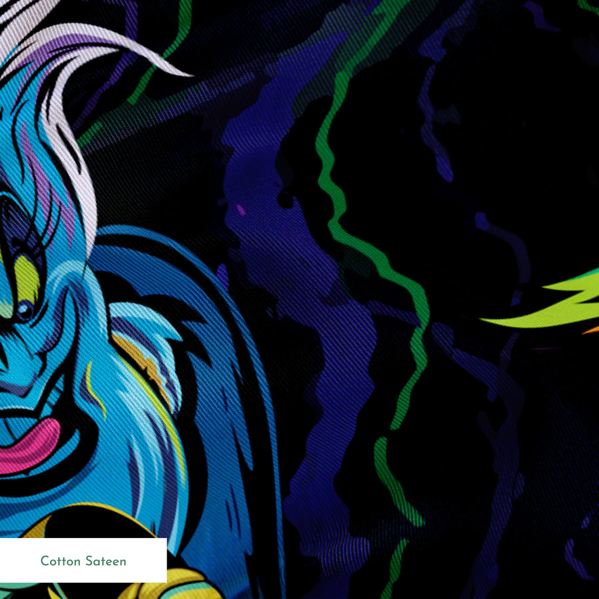 Colorful Disney villains in neon colors against black background springs sateen texture