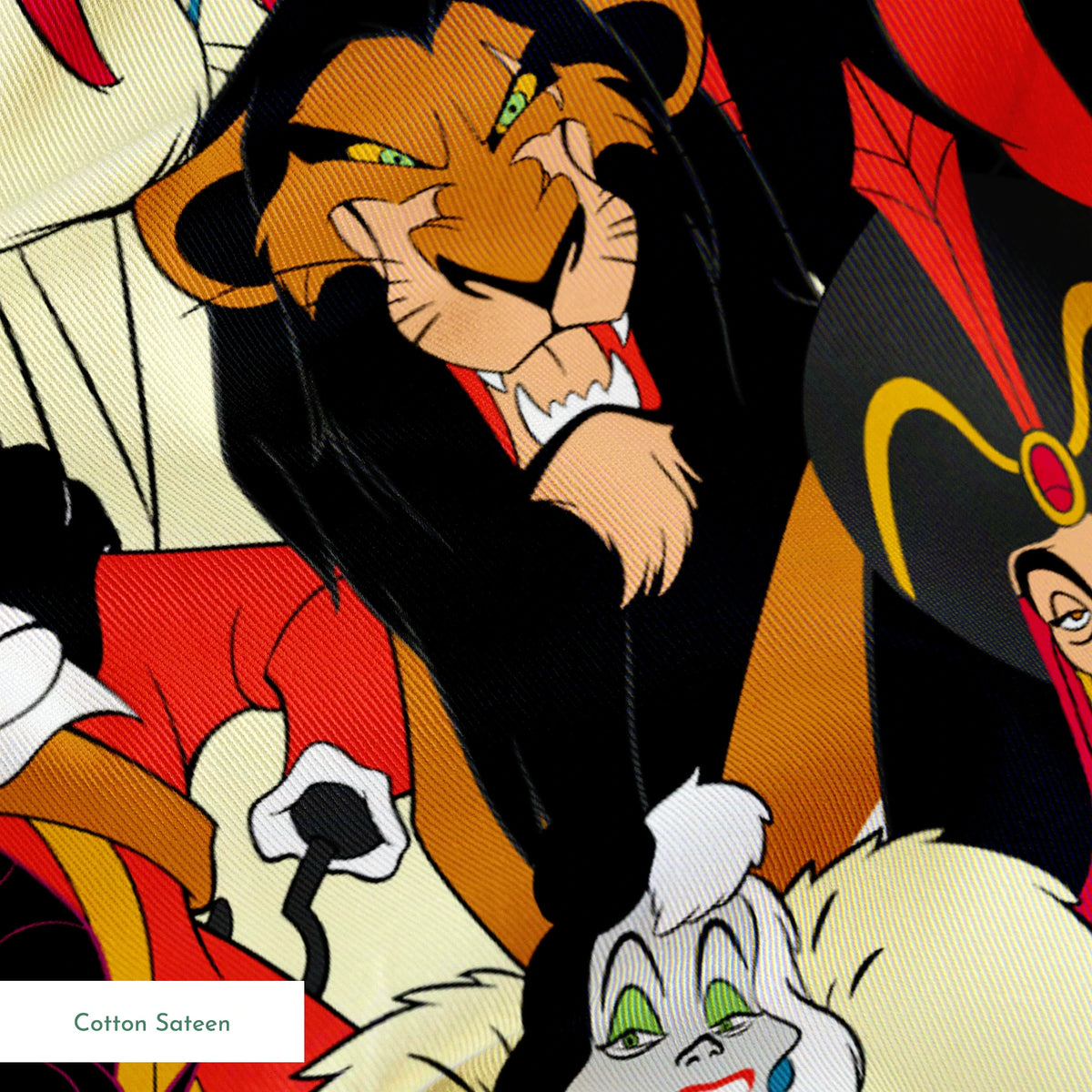 Disney villains collage featuring colorful animated characters with distinct evil expressions and iconic costumes. springs sateen texture