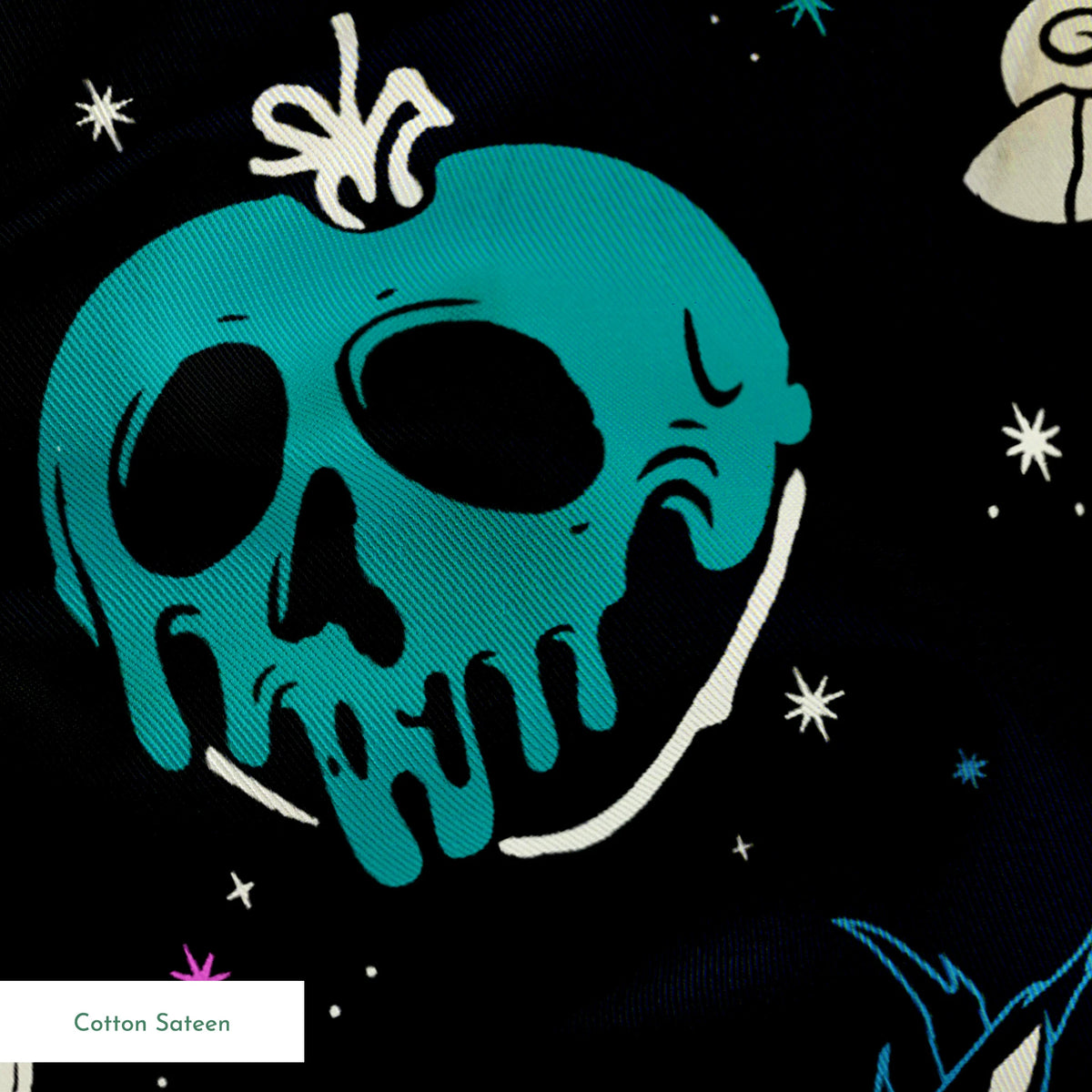 Gothic pattern with Disney villain-inspired icons like skulls, potions, and flames in teal, purple, and blue on black background. springs sateen texture