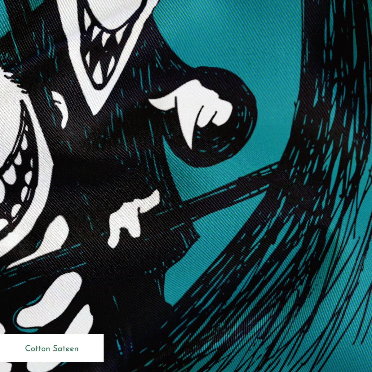Teal patterned design with The Nightmare Before Christmas characters in circular frames, featuring round-headed characters in formal attire. springs sateen texture