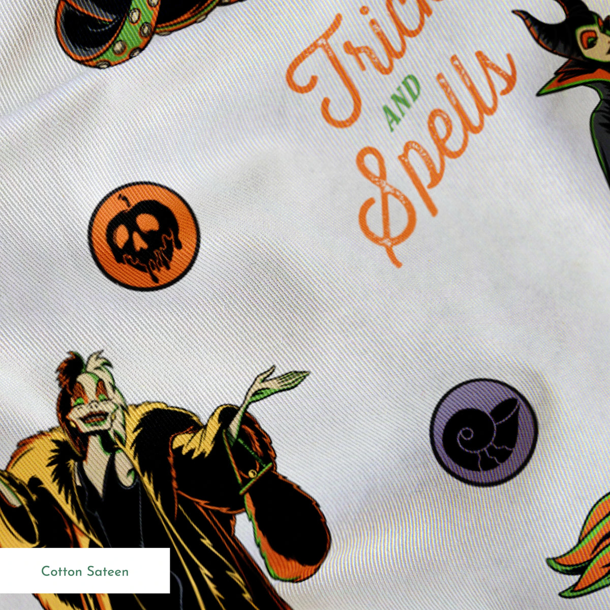 Halloween pattern with Disney villains, spells text, and magical symbols on light background springs sateen texture