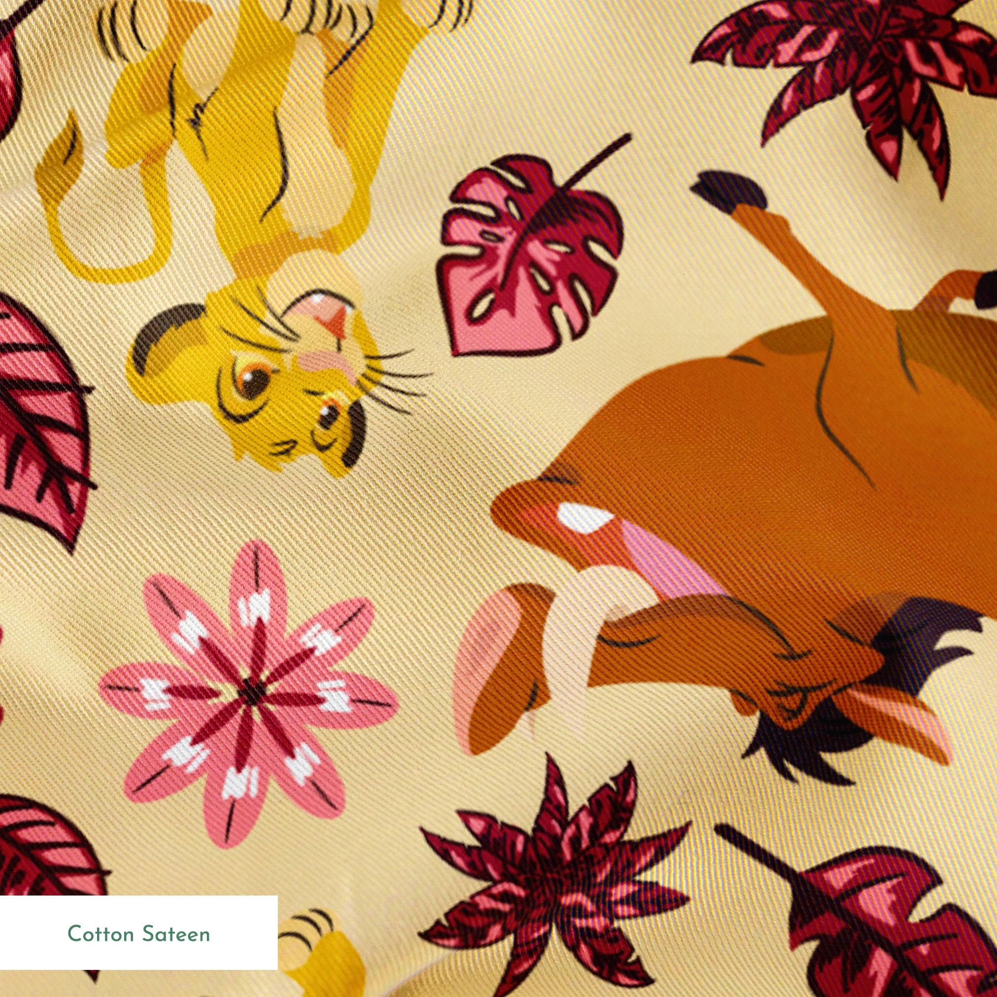 Decorative pattern with lions, gazelles, and boars in yellows and browns among maroon leaves and pink flowers springs sateen texture