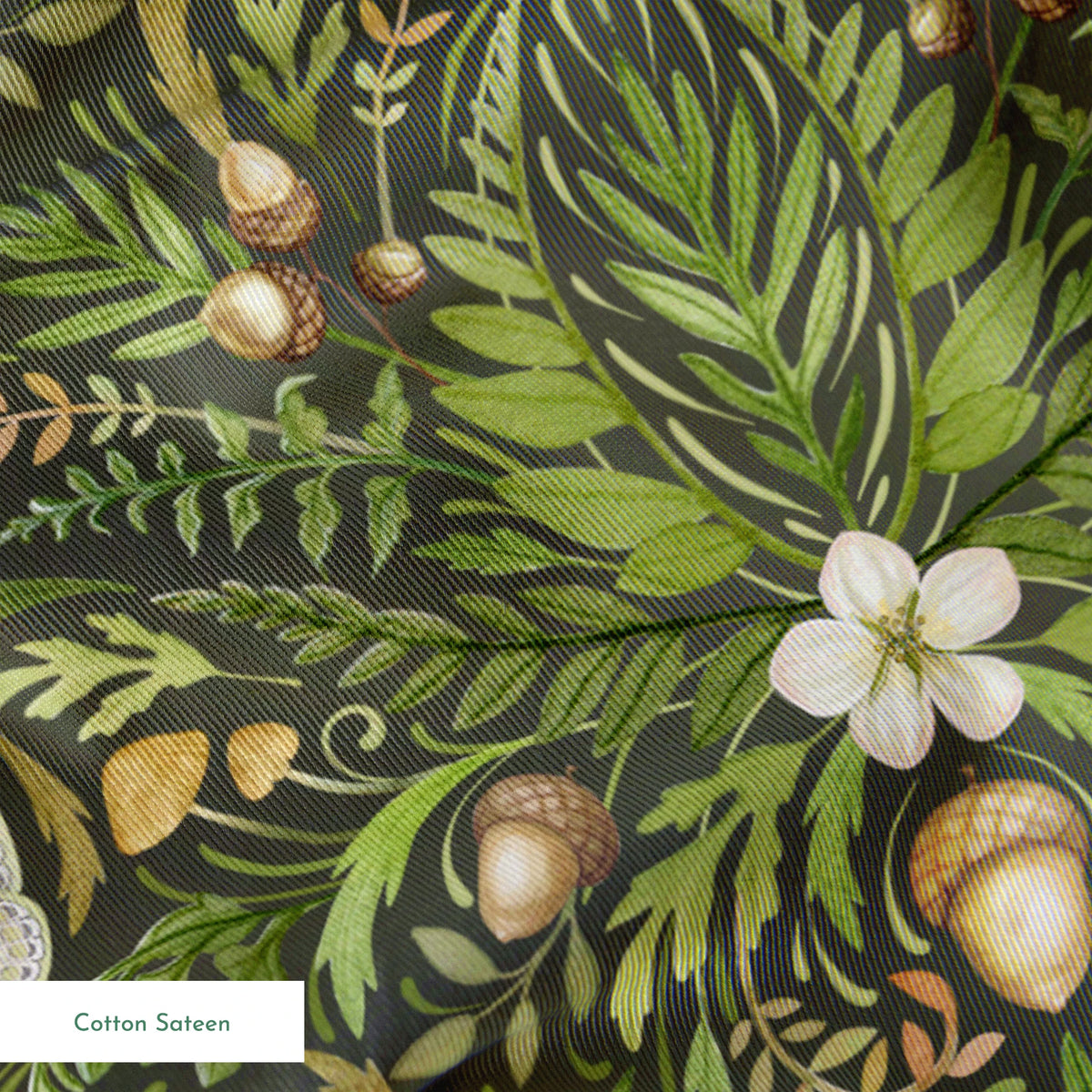 Symmetrical botanical pattern with green foliage, white flowers, and brown accents on dark background springs sateen texture