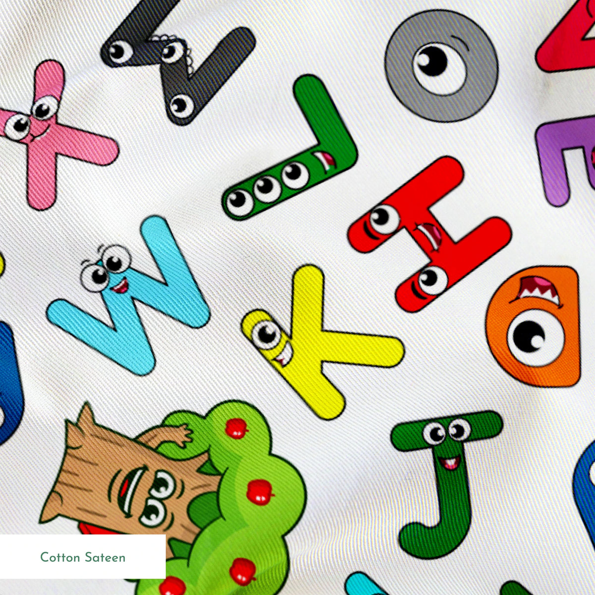 Colorful cartoon alphabet letters scattered randomly on white background with small monster characters springs sateen texture