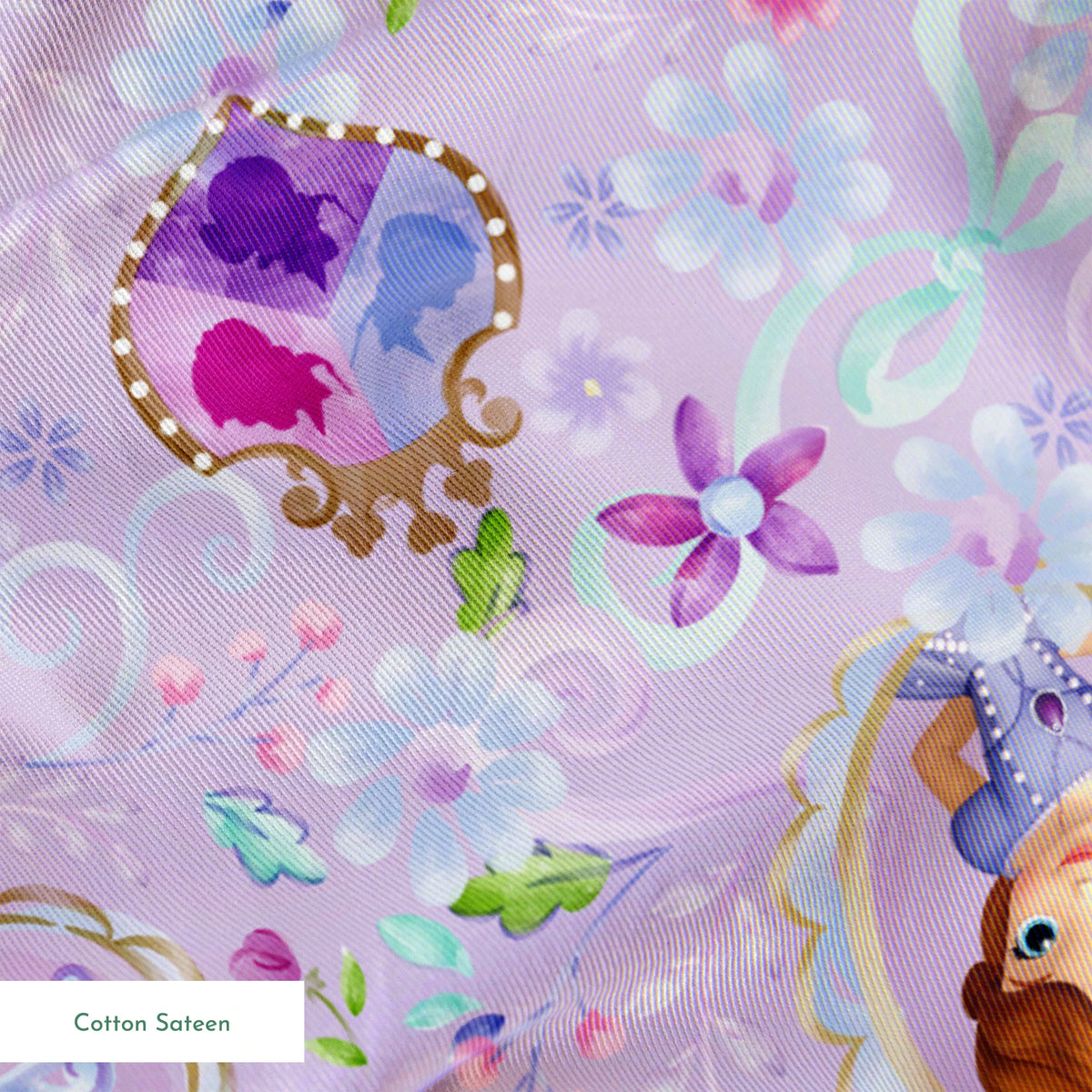 Princess Sofia pattern with purple flowers and swirls on lavender background springs sateen texture