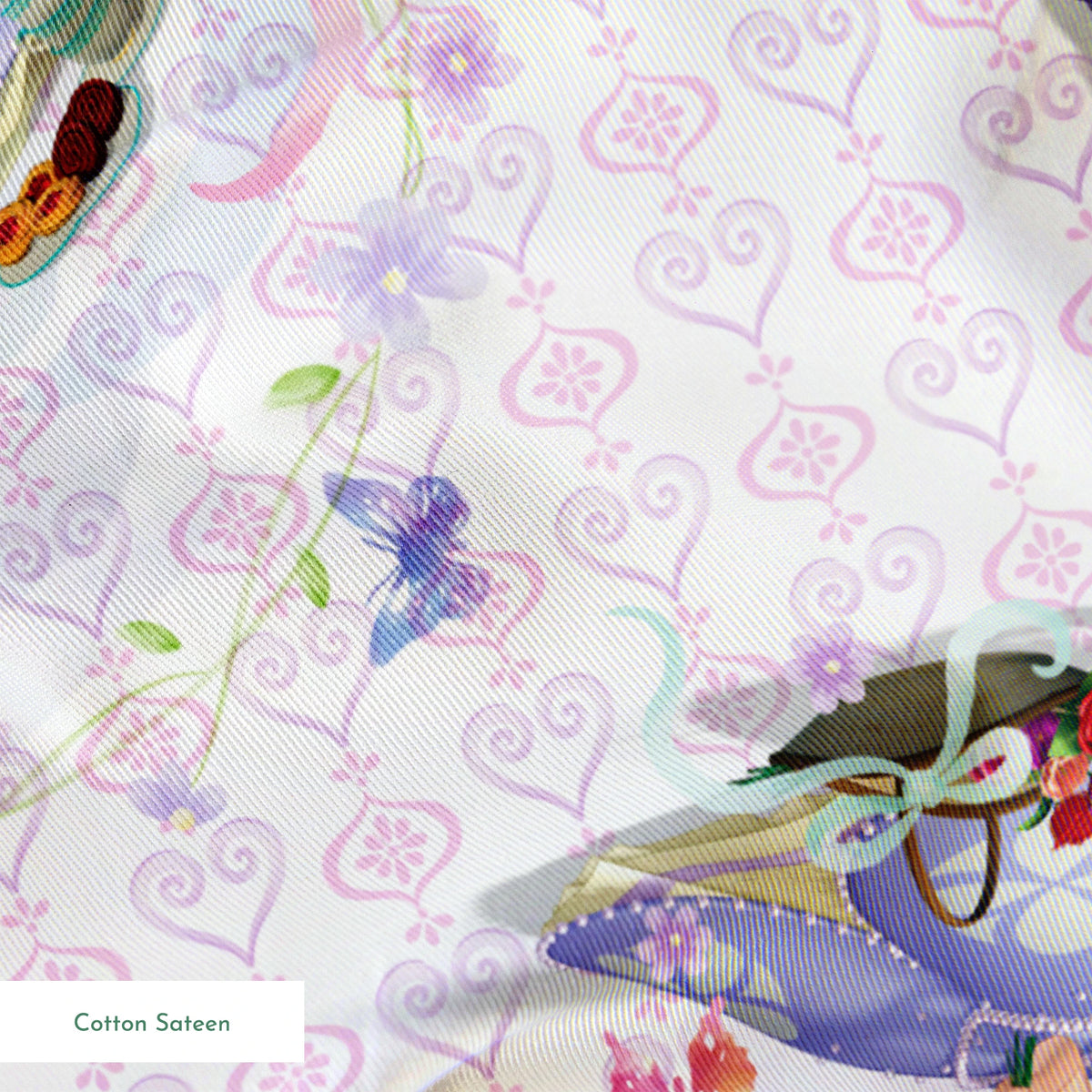 Disney Sofia the First Princess-themed pattern with characters in purple dresses, crowns, and the text "Beautiful Princess" on light purple background springs sateen texture