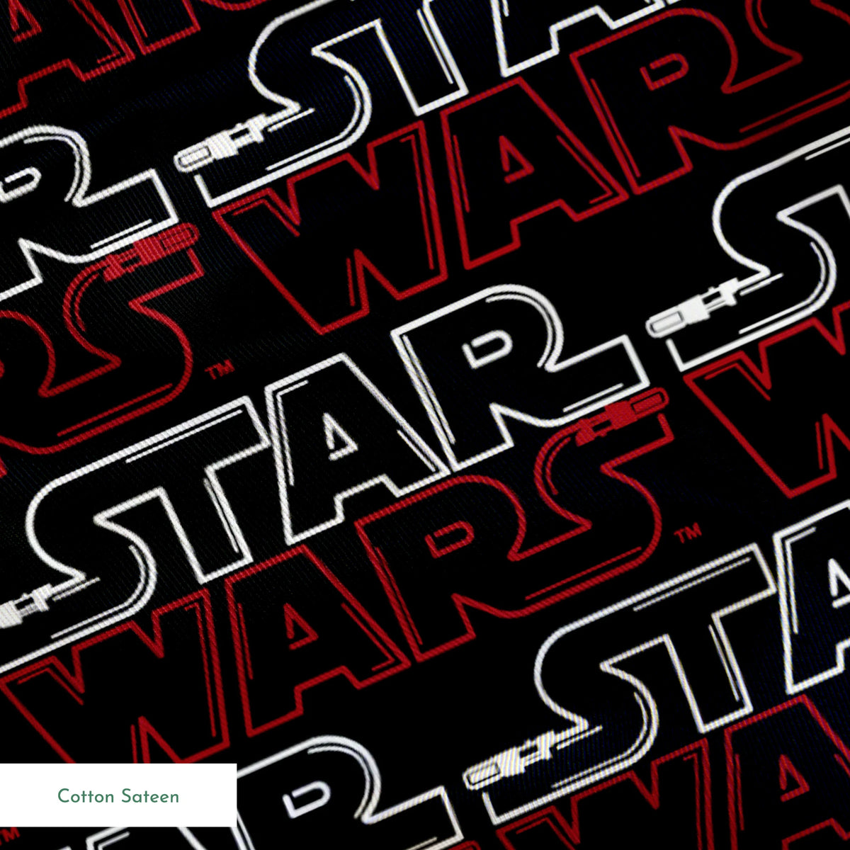 Star Wars logo pattern with white "STAR" and red "WARS" text repeating on black background springs sateen texture