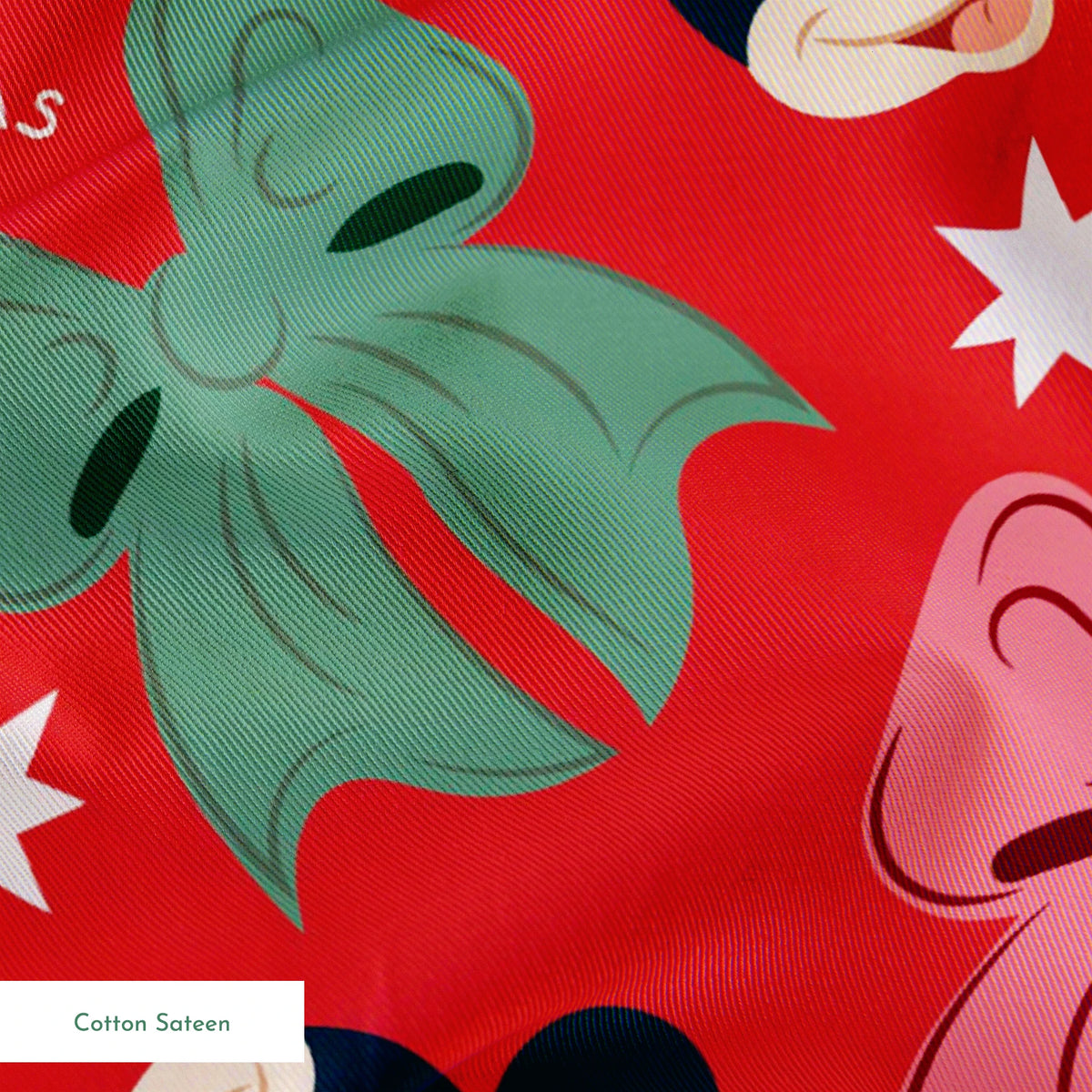 Disney character pattern with Minnie Mouse, Mickey Mouse and Donald Duck on red background with bows and stars springs sateen texture