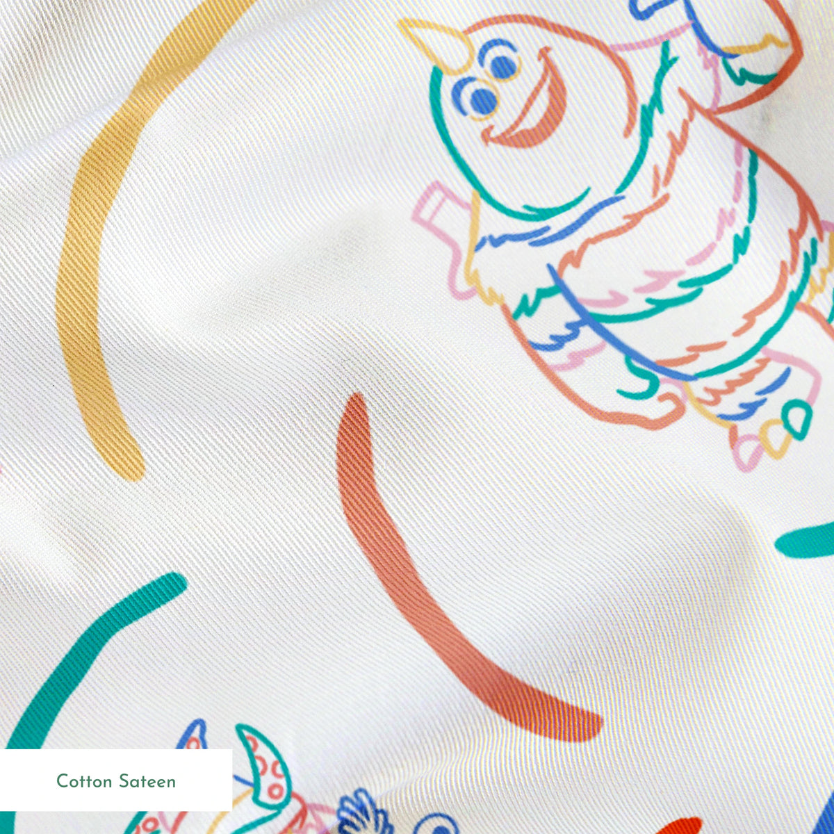 Colorful line drawing pattern with Monsters Inc characters surrounded by curved arcs in rainbow colors springs sateen texture