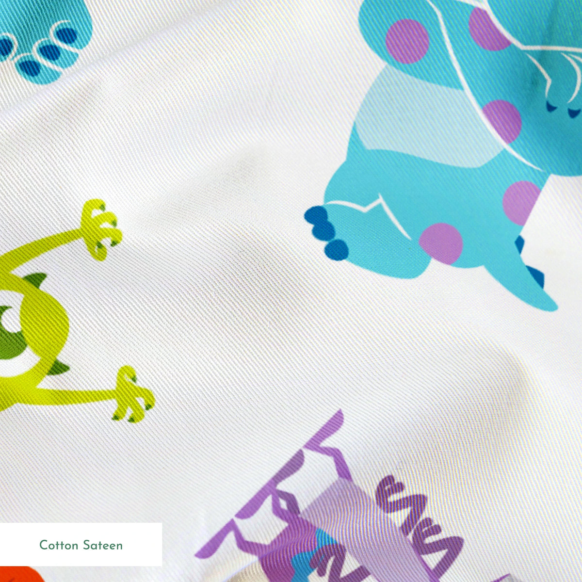 Cartoon monsters pattern with colorful characters - blue, green, purple and orange creatures on white background springs sateen texture