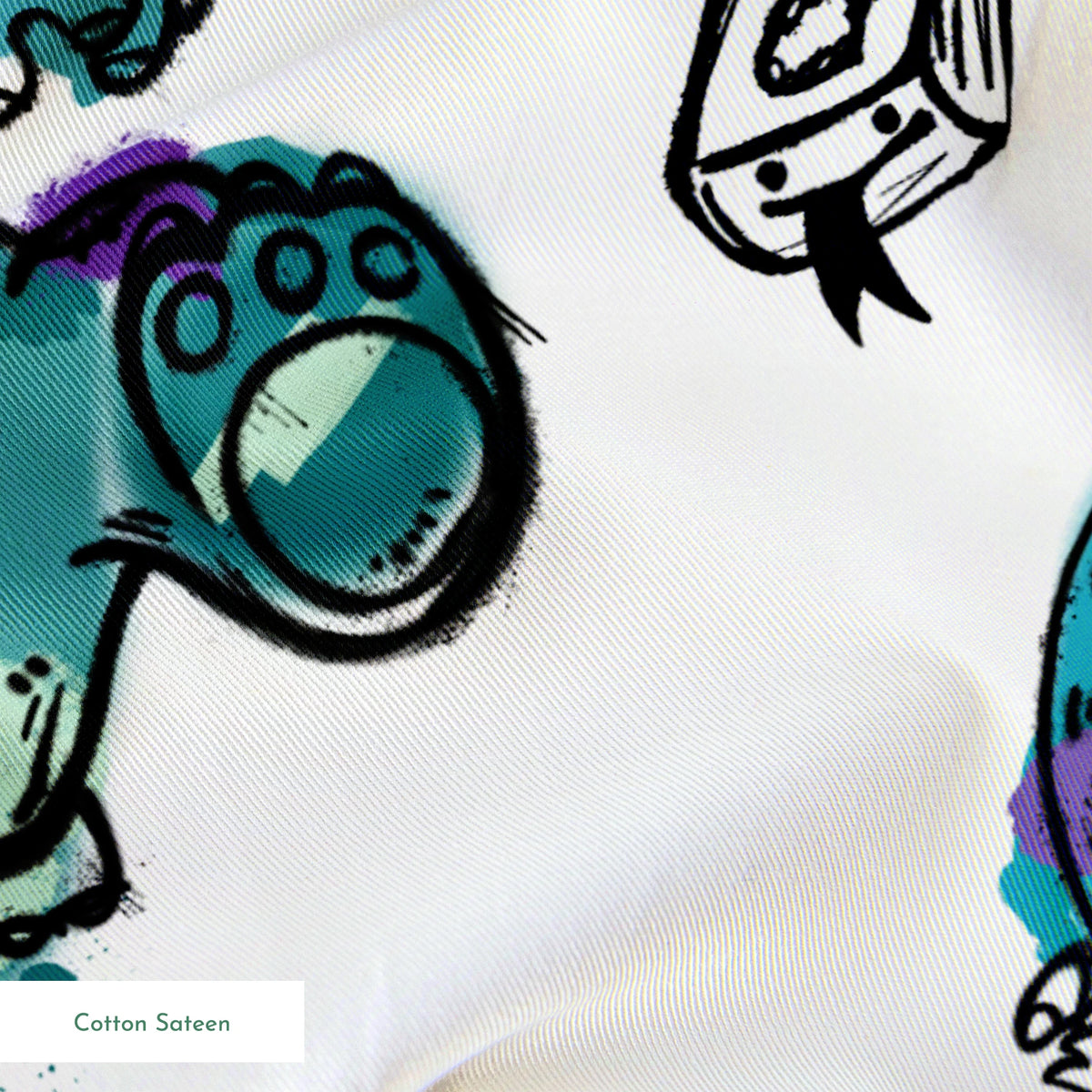 Colorful Monsters Inc pattern with turquoise, green creatures and small boxes on white background springs sateen texture