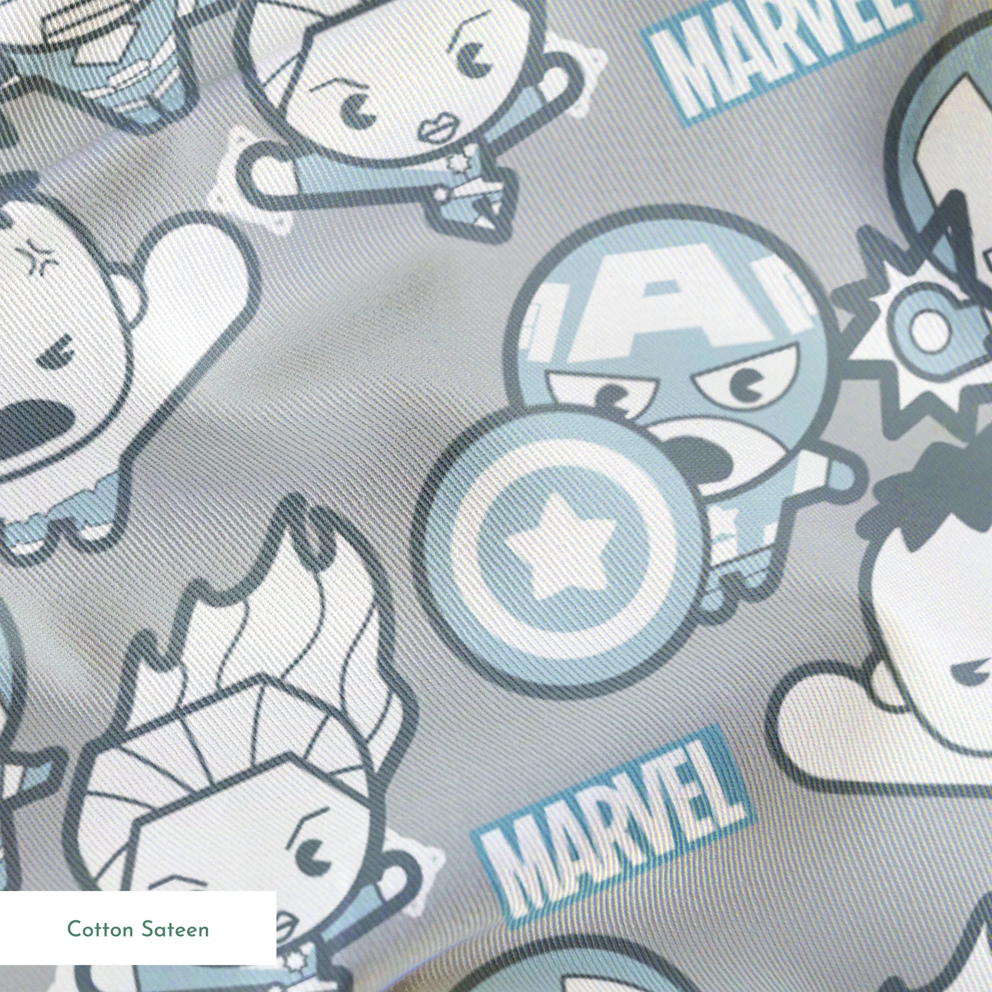 Cute cartoon Marvel superhero pattern with simplified characters and icons on gray background springs sateen texture
