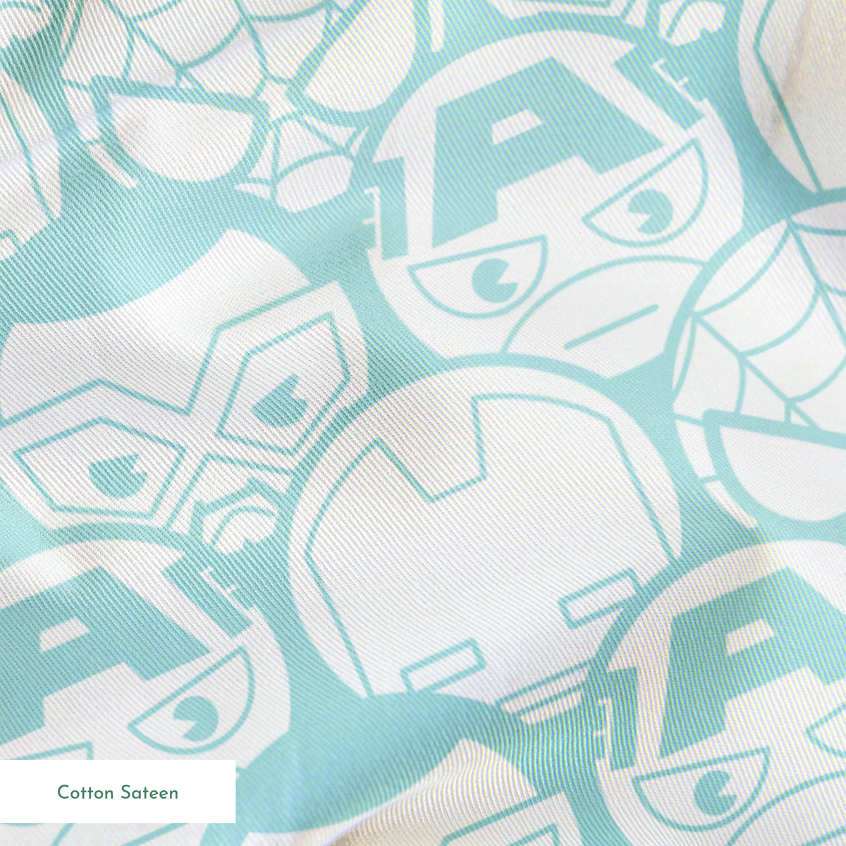 Light blue and white pattern of stylized superhero masks and helmets in a repeating design springs sateen texture