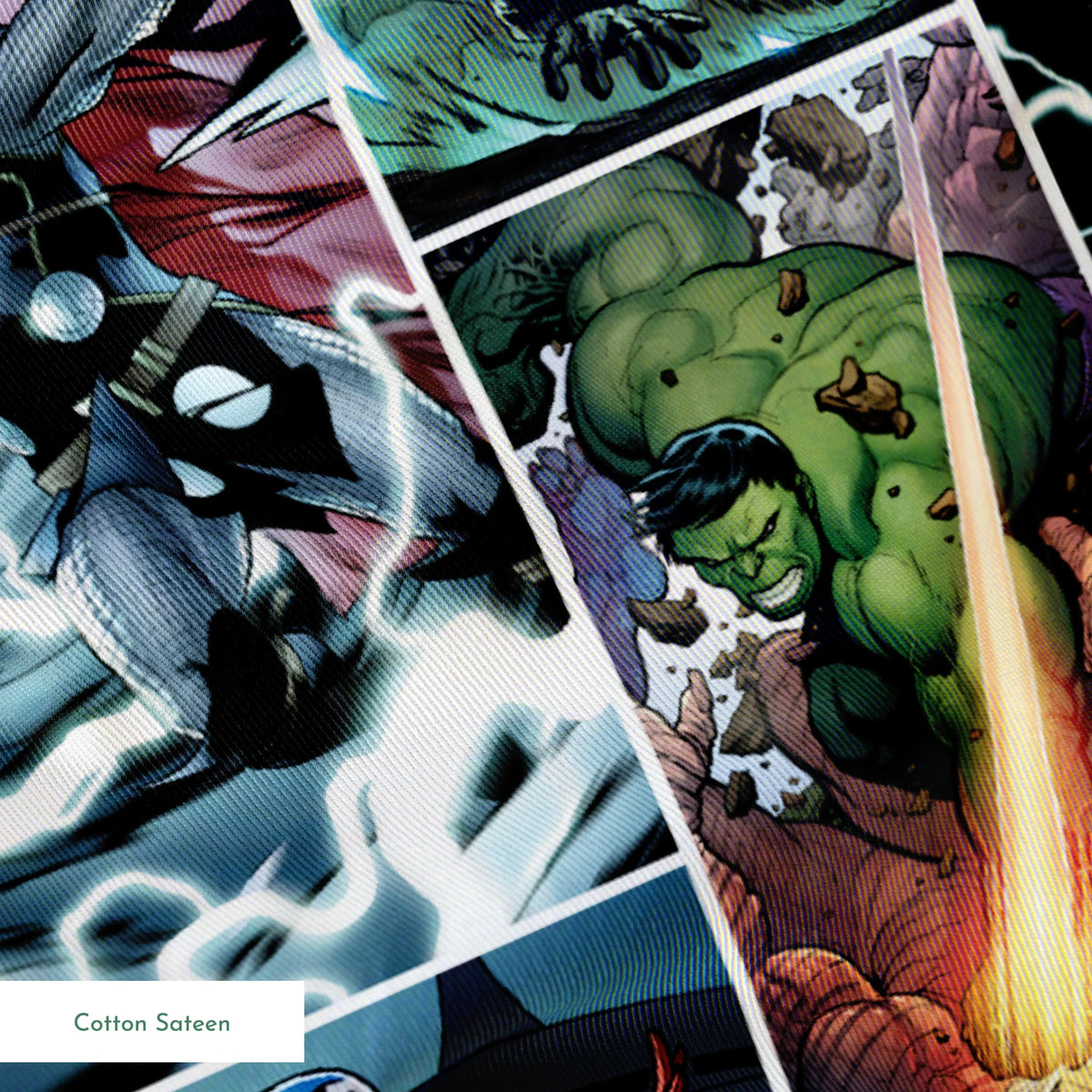 Comic book collage featuring Thor with lightning, Captain America with shield, Hulk, and various Marvel superheroes in action scenes springs sateen texture