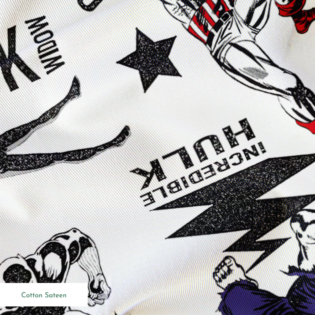 Marvel superheroes pattern with Iron Man, Captain America, Hulk, and Black Panther on white background springs sateen texture