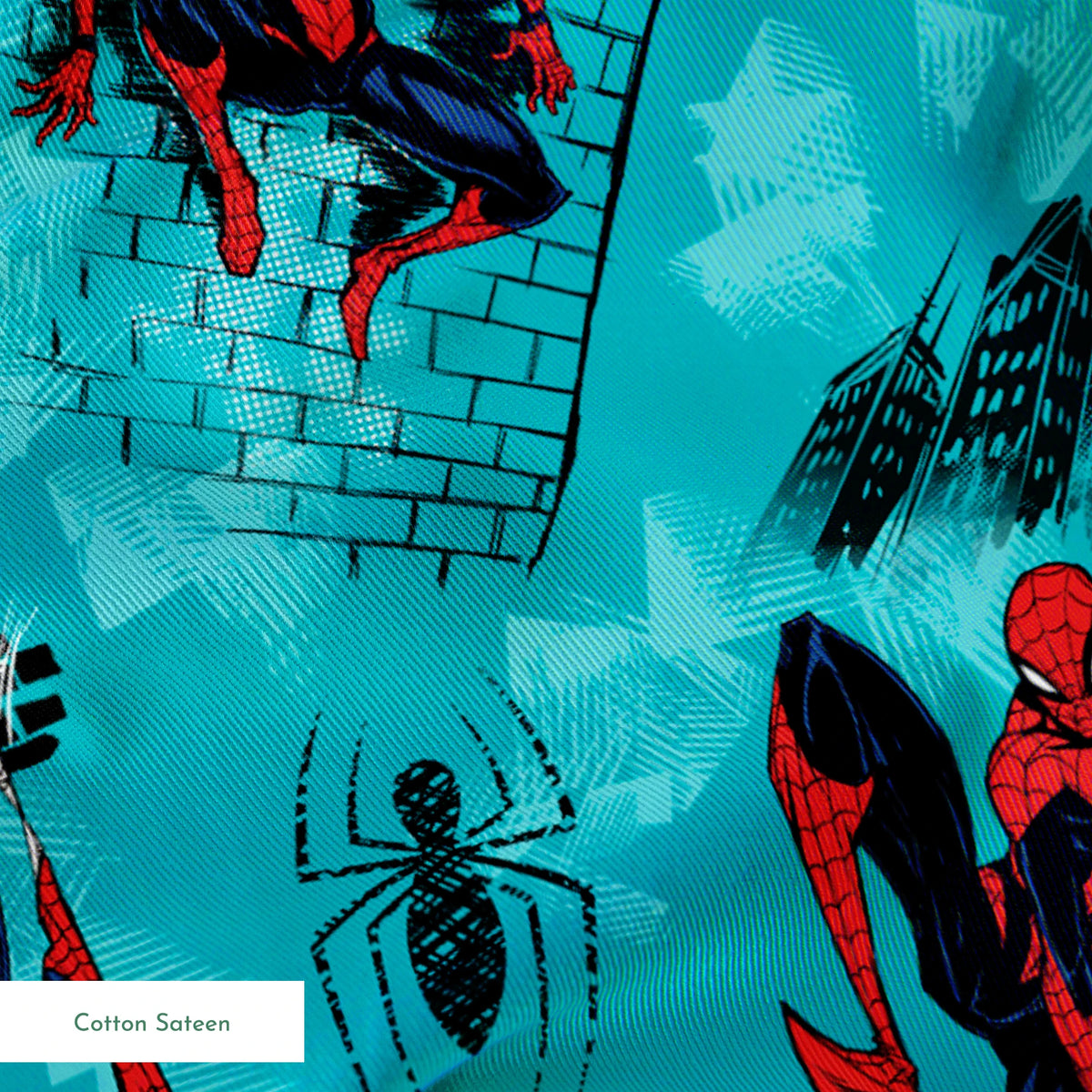 Spider-Man pattern on turquoise background with multiple poses, web designs, and logos springs sateen texture