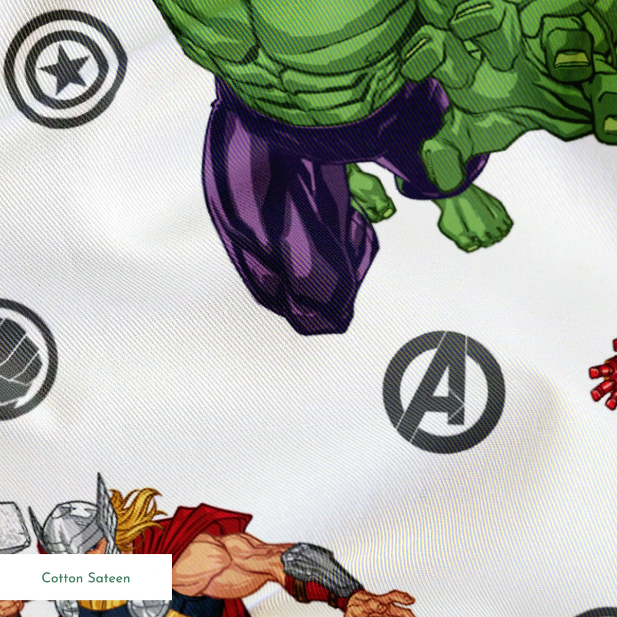 Marvel Avengers characters pattern with Hulk, Thor, Iron Man, and Captain America among superhero logos springs sateen texture