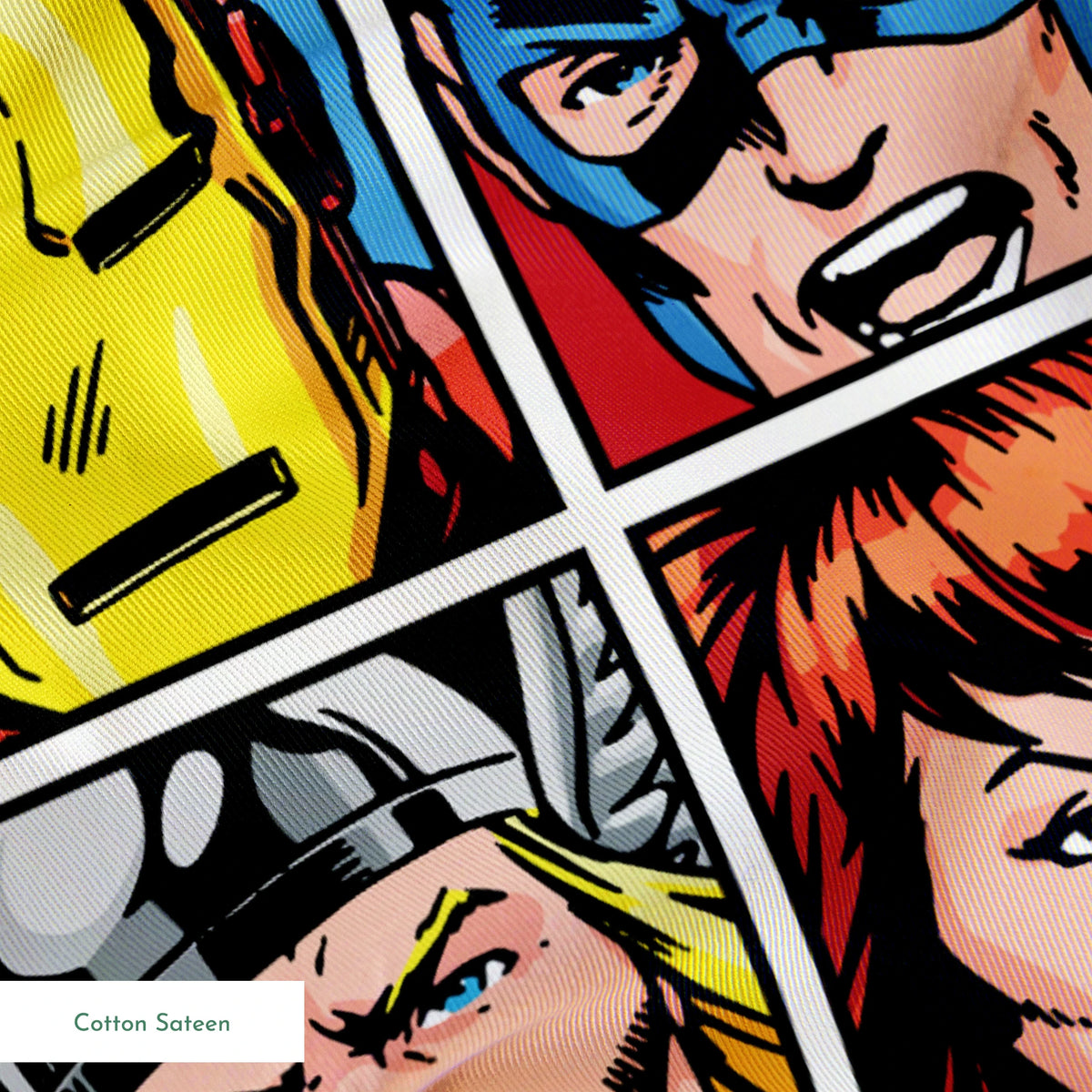Marvel Avengers character portraits in comic style grid with colorful backgrounds showing superheroes and their iconic looks. springs sateen texture