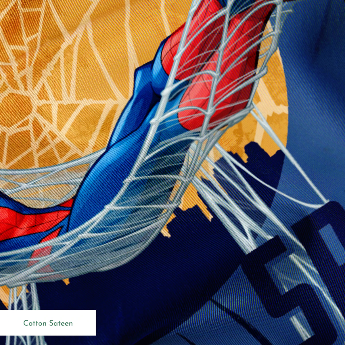 Spider-Man pattern with cartoon superhero in red and blue swinging on webbing against navy and gold background springs sateen texture