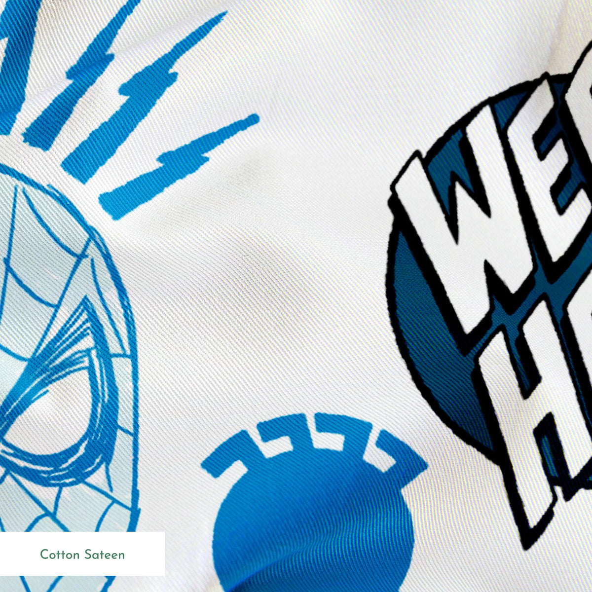 Spider-Man masks pattern with blue and red heads, "WEB HEAD" text, and radiating lines on white background. springs sateen texture