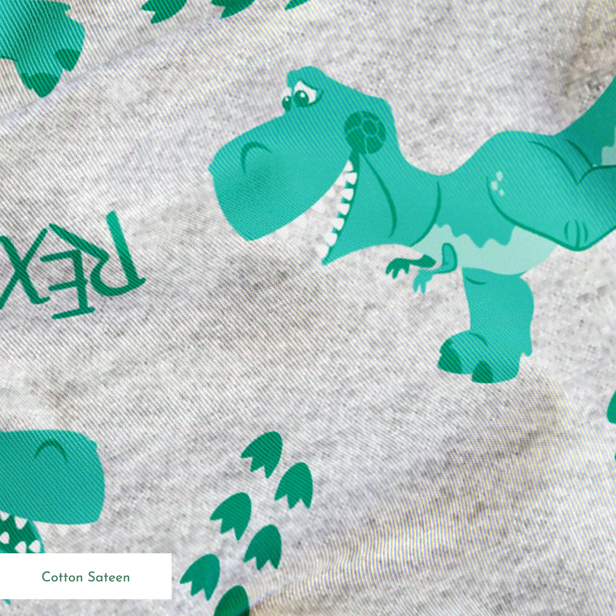 Playful Toy Story' Rex pattern on light gray heathered background springs sateen texture