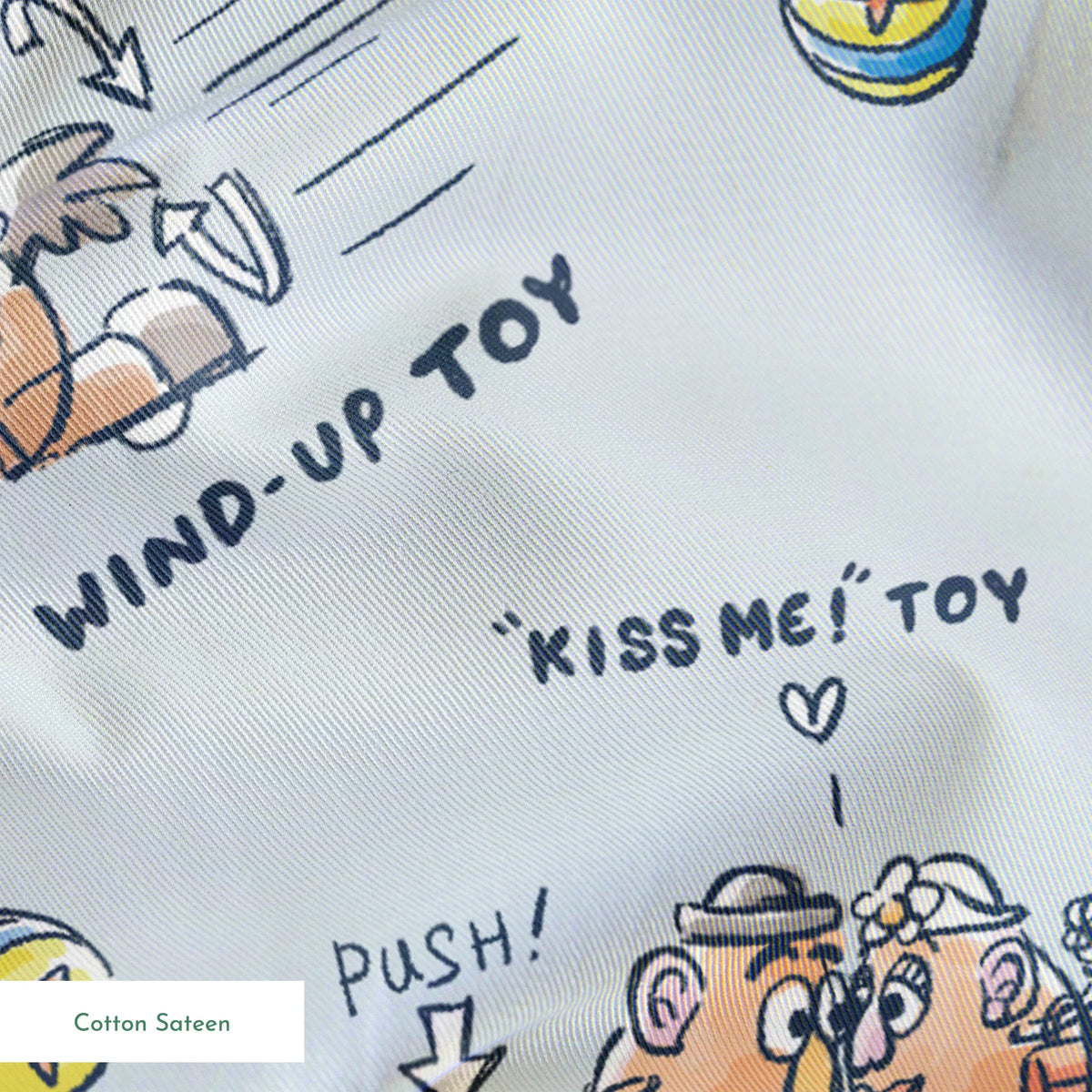 Illustrated Toy Story character designs showing wind-up, pull string, and action toys on light blue background springs sateen texture