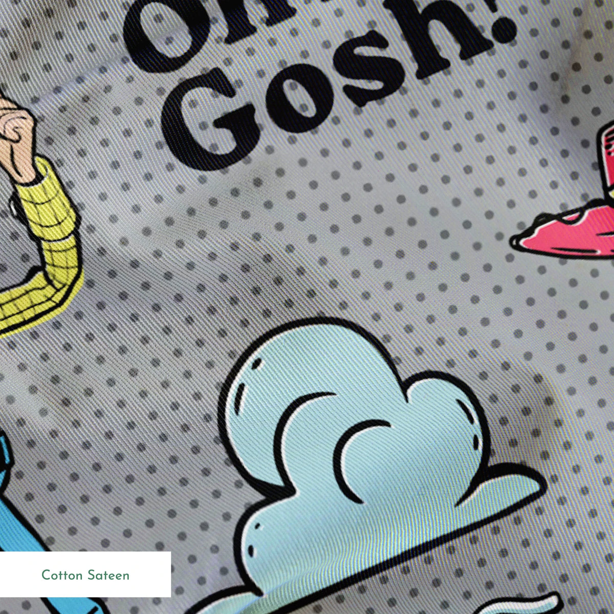 Toy Story character pattern with Buzz, Woody and aliens on gray background with phrases like "Good Vibes" and "Galaxy Hoppin' springs sateen texture