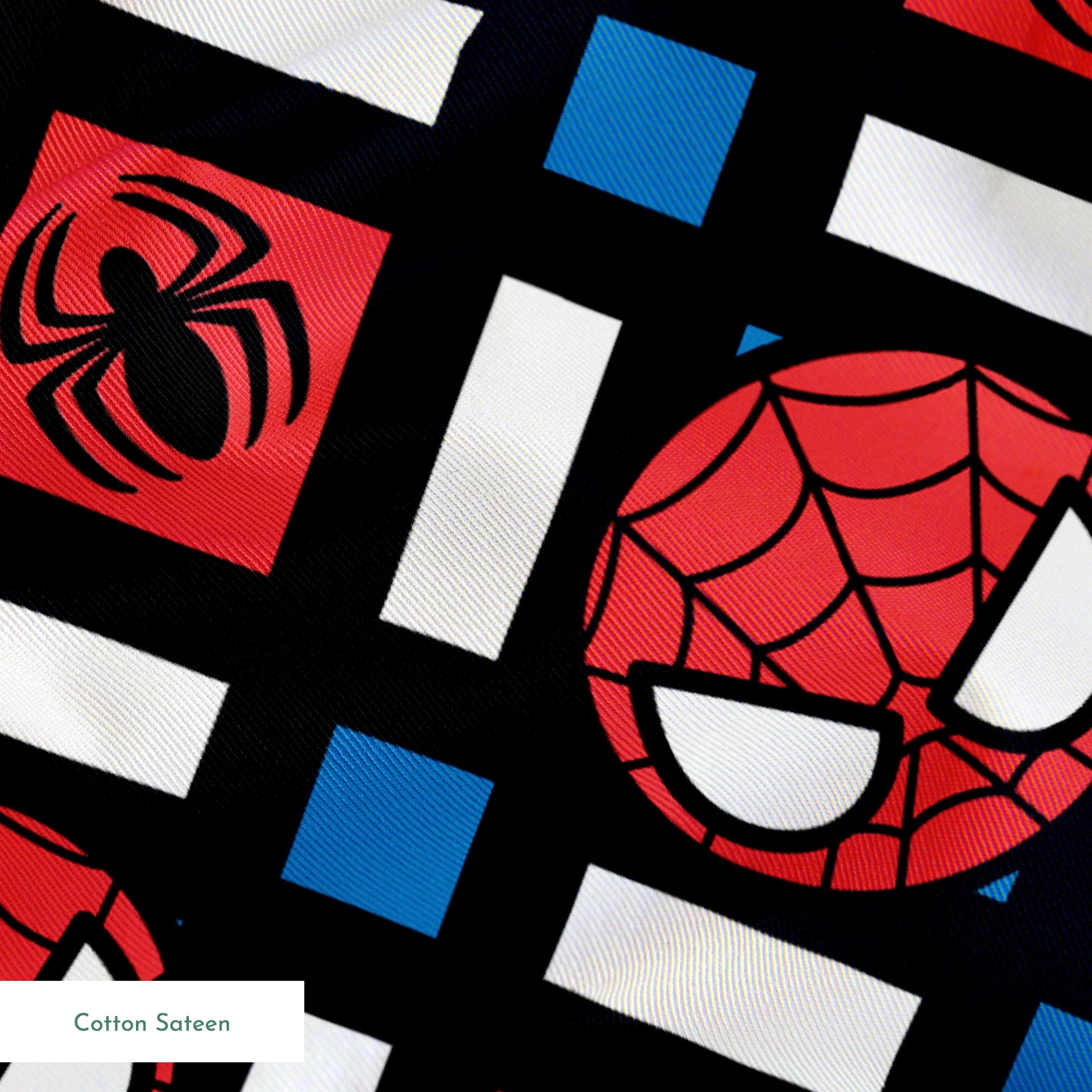 Spider-Man pattern with red masks, spider symbols, webs on black background with white X shapes and blue diamonds springs sateen texture