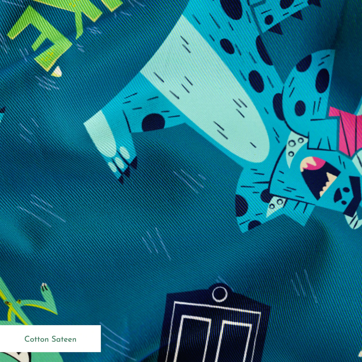 Monsters Inc pattern with Mike, Sulley, Boo characters, and doors on teal background springs sateen texture
