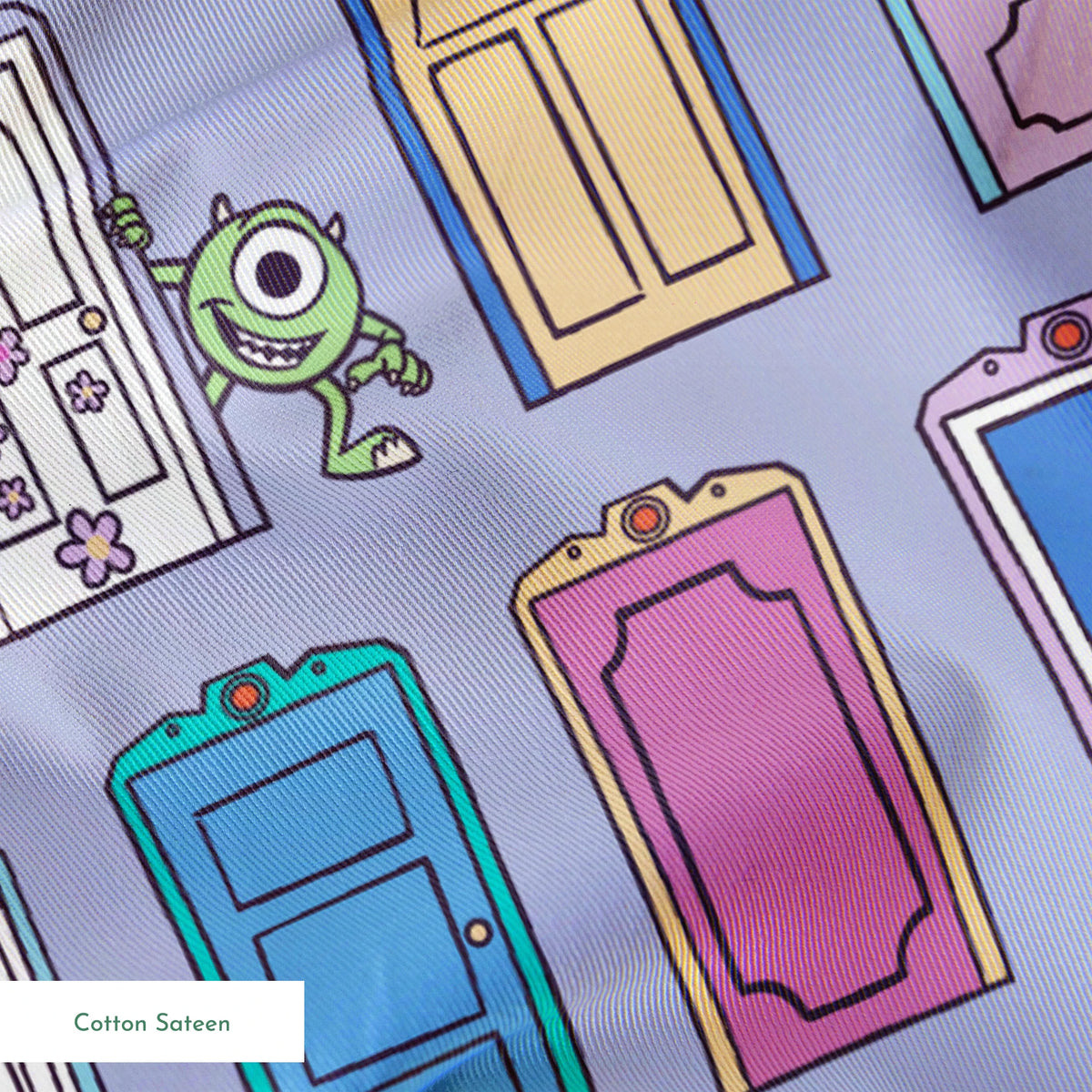 Colorful pattern of cartoon monster characters peeking through various doors in purple, blue, pink, and green on a lavender background. springs sateen texture