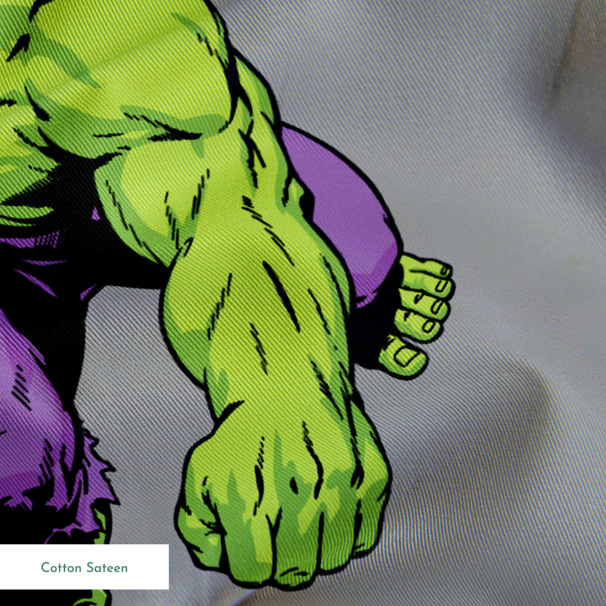 Marvel superheroes pattern with Hulk, Thor, Captain America, and Iron Man on gray background springs sateen texture