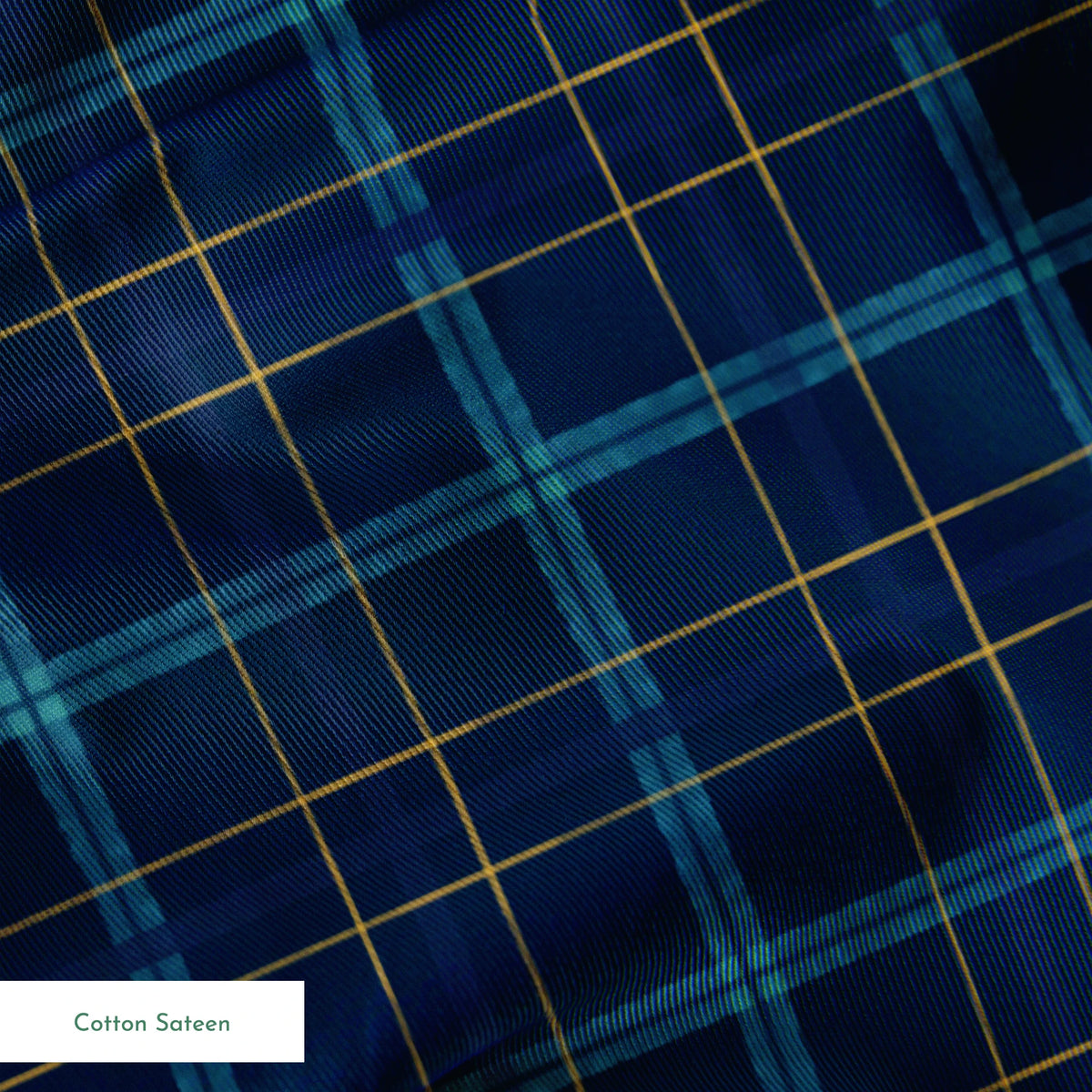 Painterly navy blue plaid with golden yellow and soft blue stripes by Nicole Tamarin, ideal for autumn sewing and decor. springs sateen texture