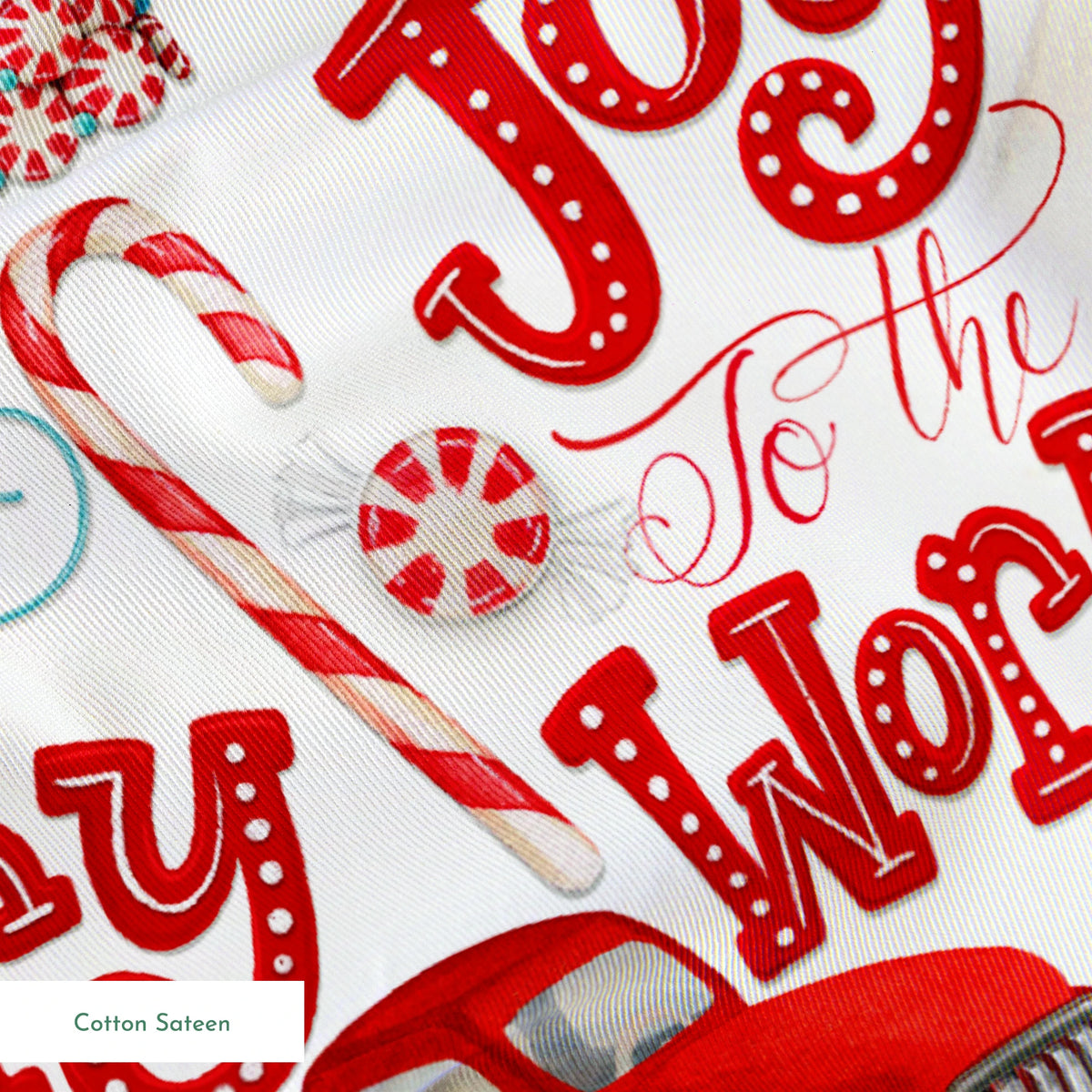 Holiday pattern featuring red trucks, nutcrackers, candy canes, Christmas trees, and festive lettering on a white background by Nicole Tamarin. springs sateen texture