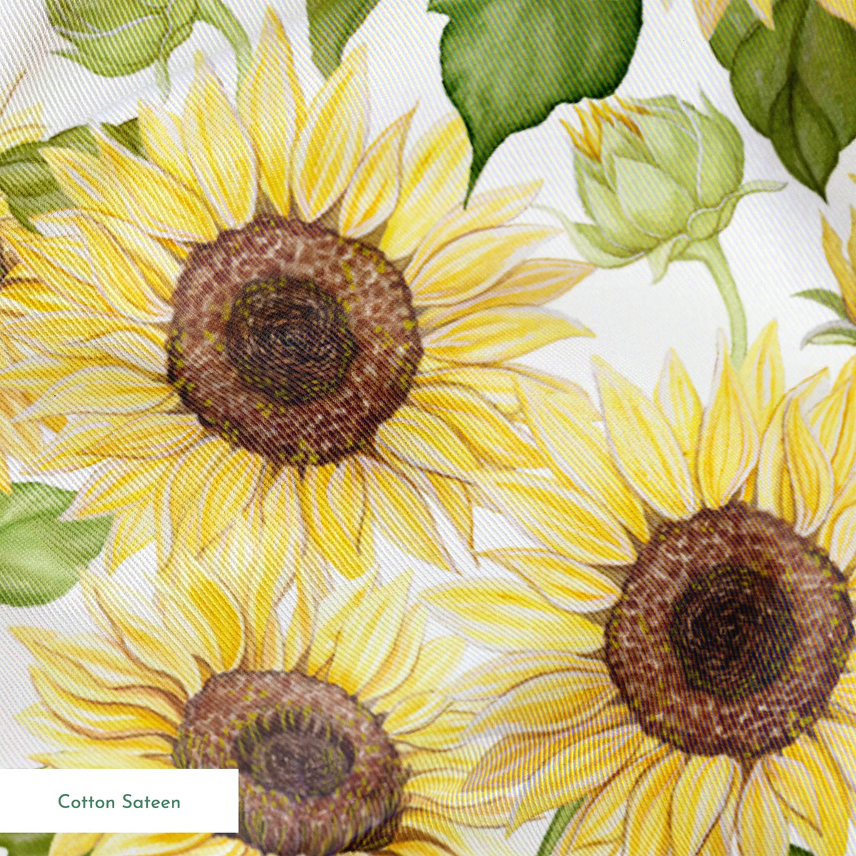 Watercolor-style packed sunflower pattern with yellow blooms and green leaves on a white background, designed by Nicole Tamarin. springs sateen texture