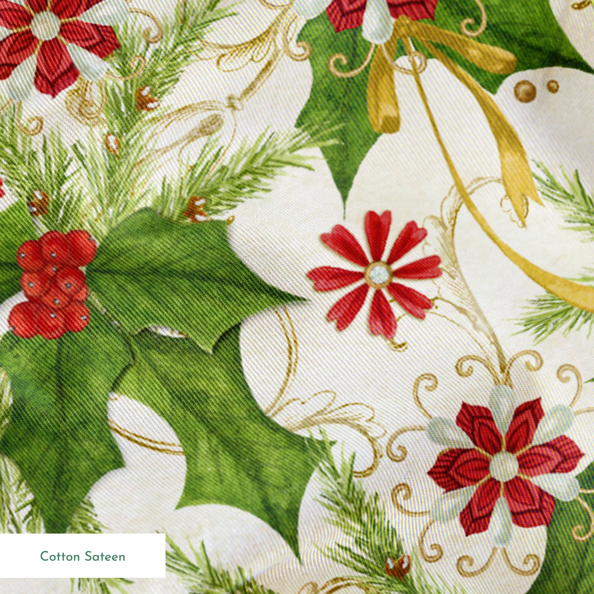Festive pattern featuring holly leaves, pine branches, red floral medallions, and golden swirls on an ivory background by Nicole Tamarin. springs sateen texture