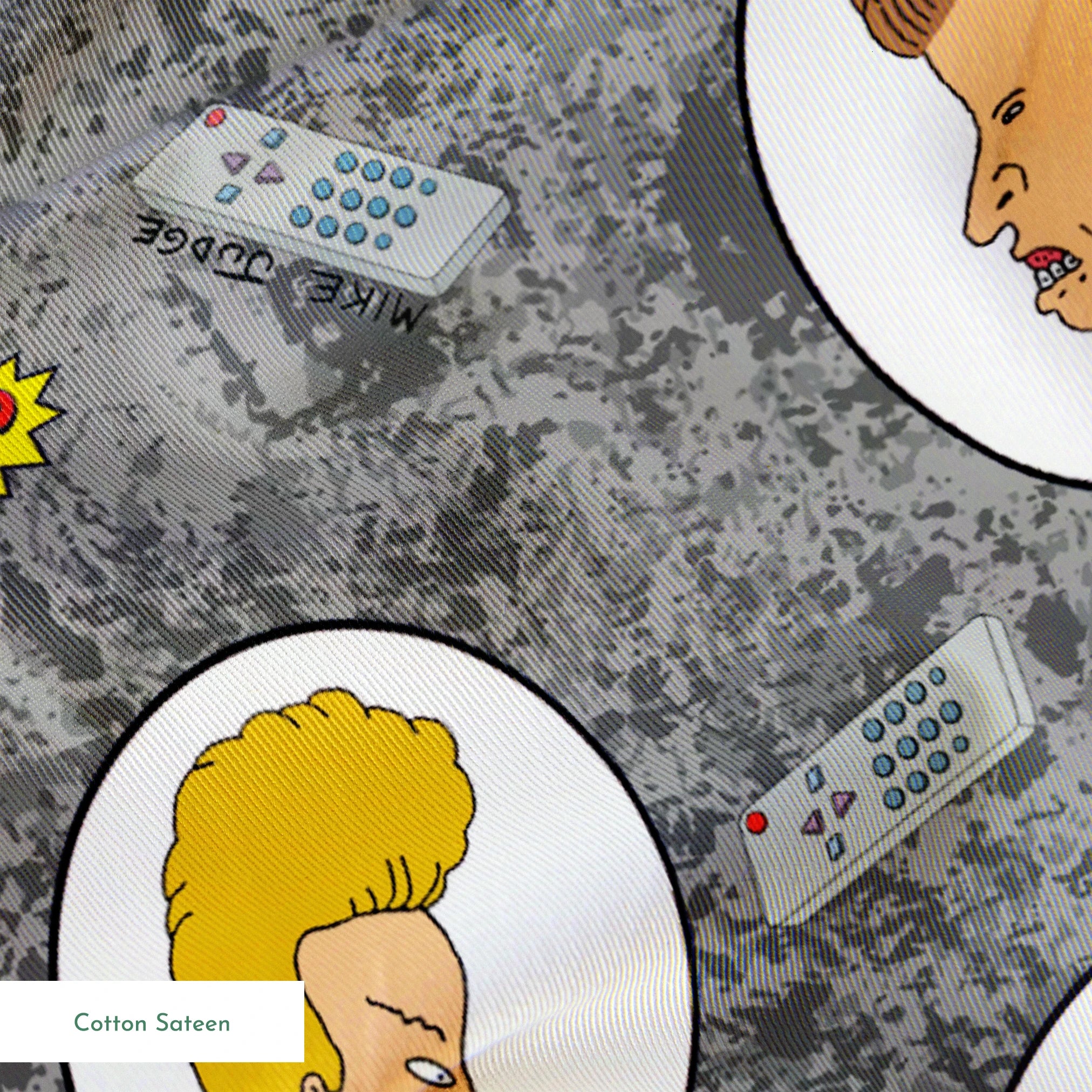 Cartoon pattern with blond and brown-haired animated characters in circular frames against a gray background with comic-style text bubbles. springs sateen texture
