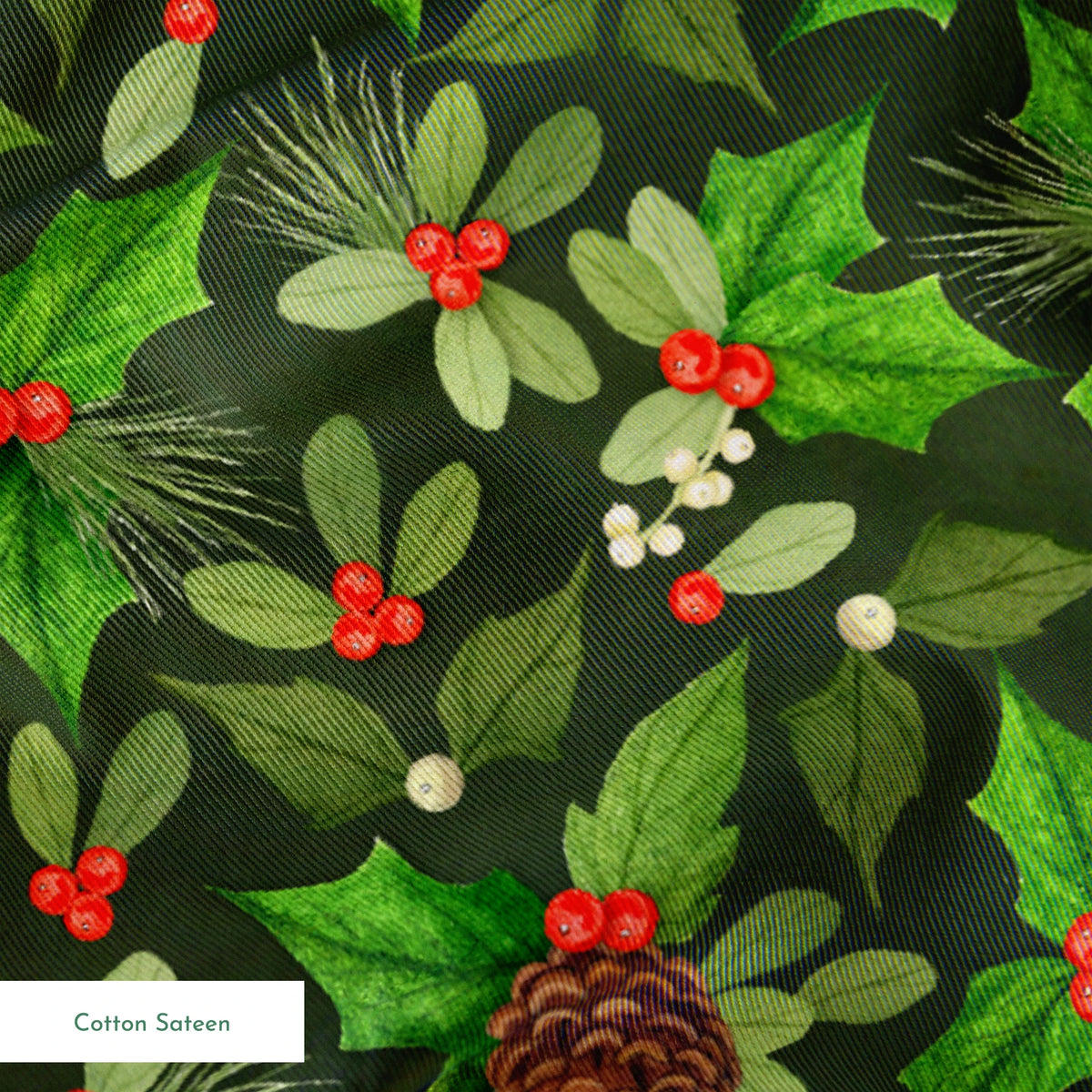 Seamless holiday pattern by Nicole Tamarin featuring pinecones, holly, red berries, and green foliage on a dark green background. springs sateen texture