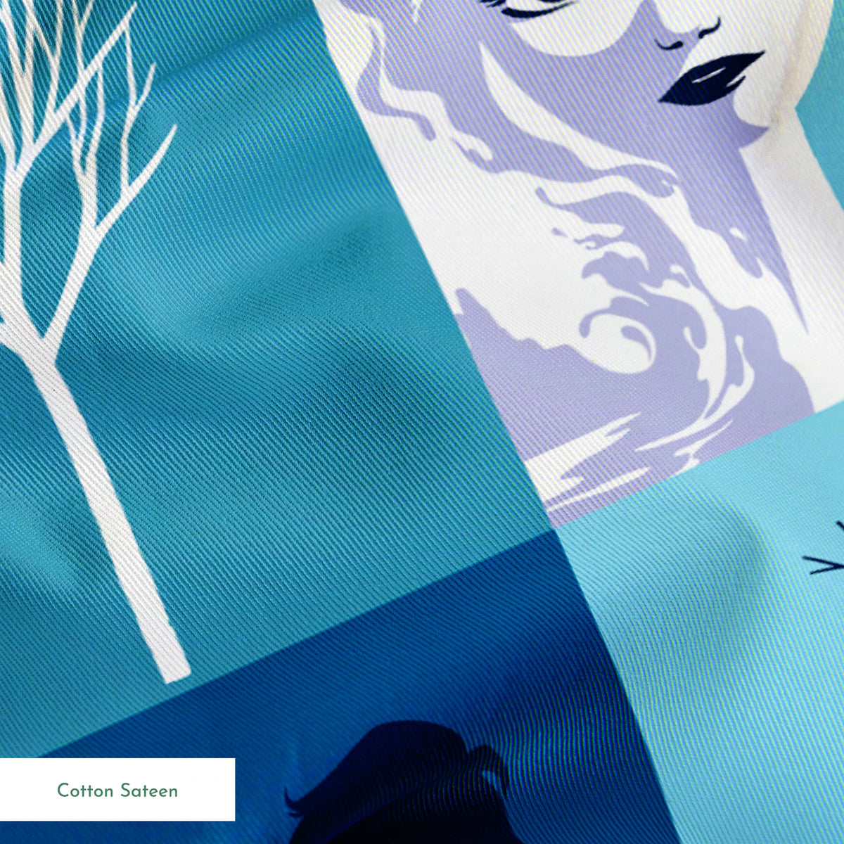 A grid of "Frozen" themed illustrations featuring character portraits, snowflakes, winter trees, and silhouetted scenes in shades of blue and purple. springs sateen texture