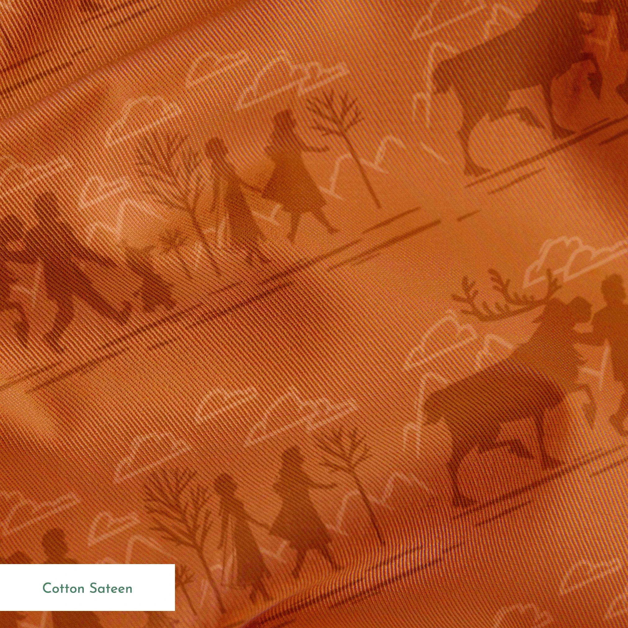 Repeating brown pattern with silhouettes of Frozen characters and trees in a rustic woodland scene springs sateen texture