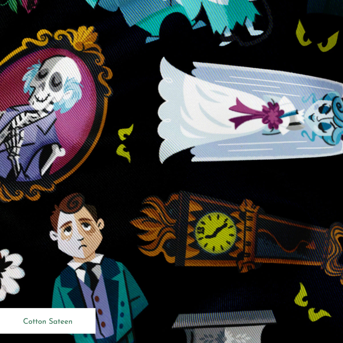 Haunted Mansion themed pattern with cartoon ghosts, characters, coffins, and spooky elements on black background springs sateen texture