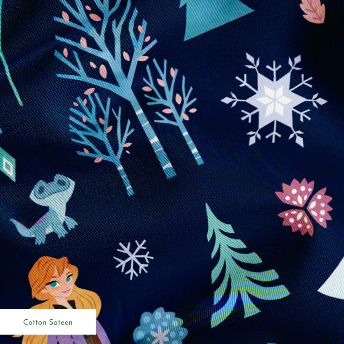 Illustrated Frozen pattern with Elsa, Anna, & friends, and floral elements on dark blue background springs sateen texture