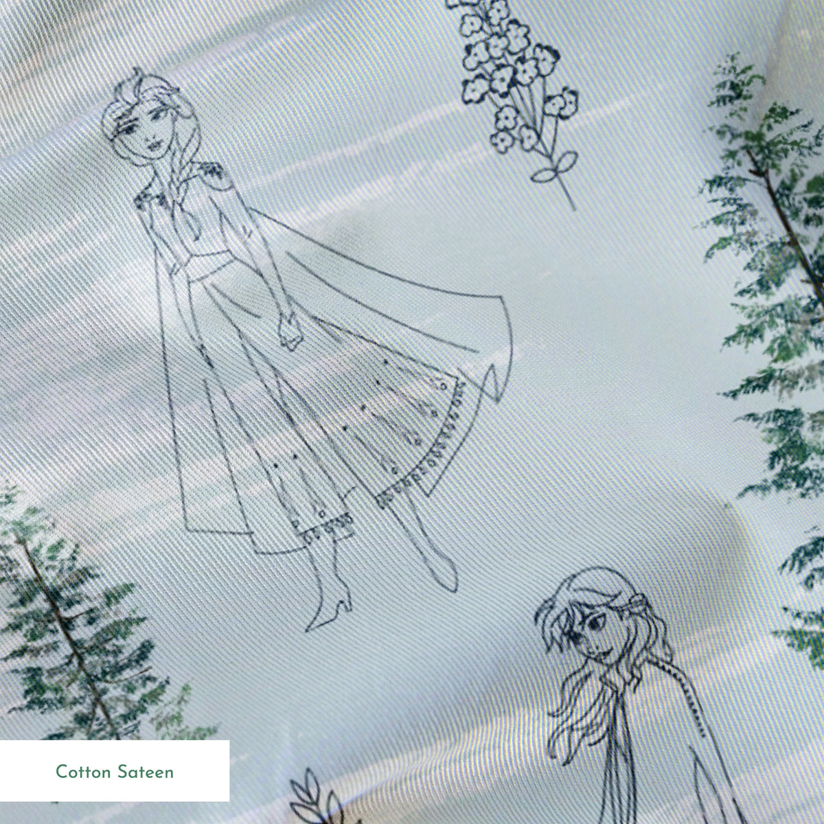 Pale blue pattern with delicate line drawings of pine trees, Elsa, and Anna across a wintry landscape springs sateen texture