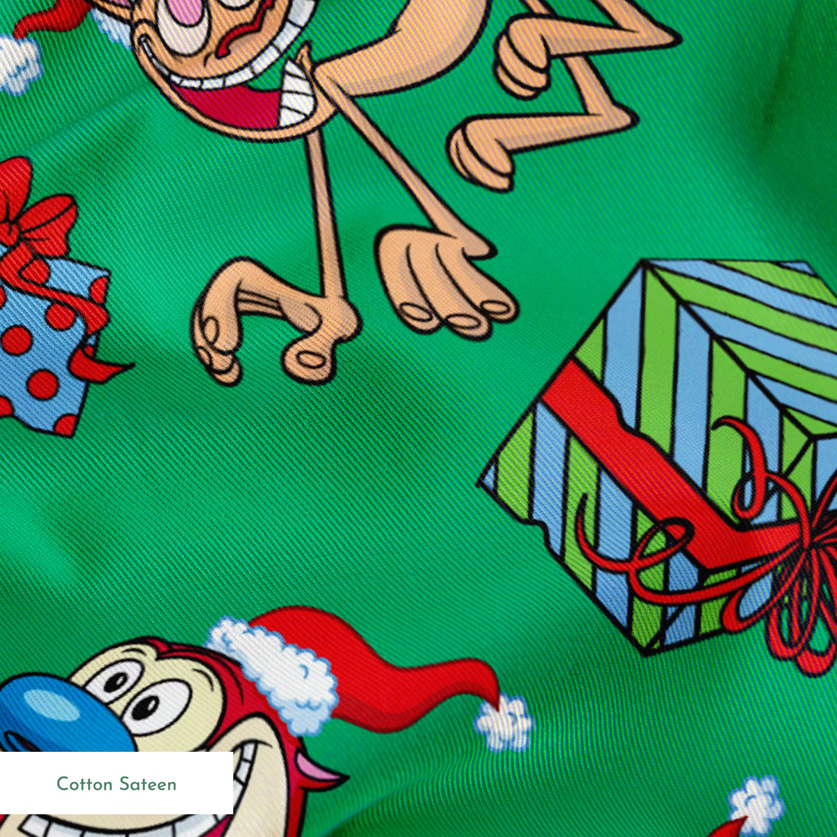 Whimsical cartoon Christmas pattern with elves, Santa figures, and colorful gifts on green background springs sateen texture
